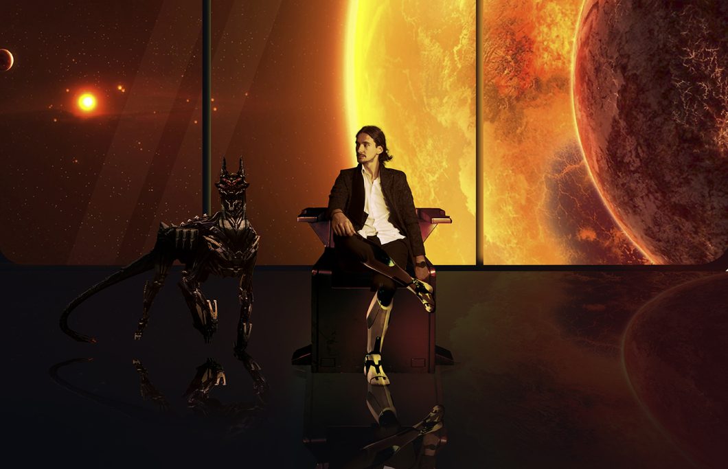 Person in einem Raum mit Fenstern, Blick auf planetarische Landschaft im Weltraum.