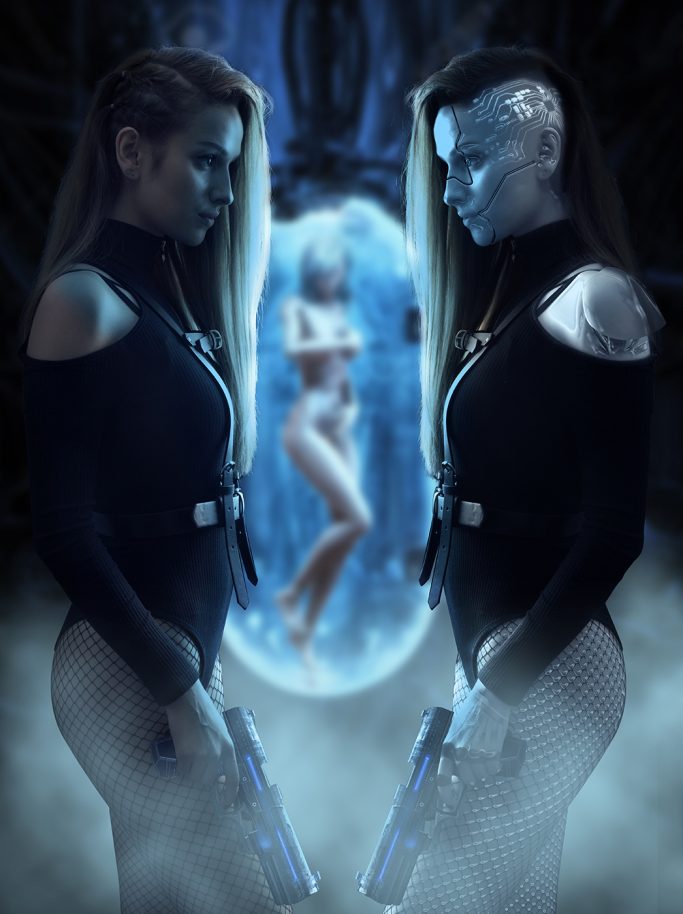 Zwei Frauen in futuristischen Outfits stehen sich gegenüber, eine in blau, die andere in Schwarz.