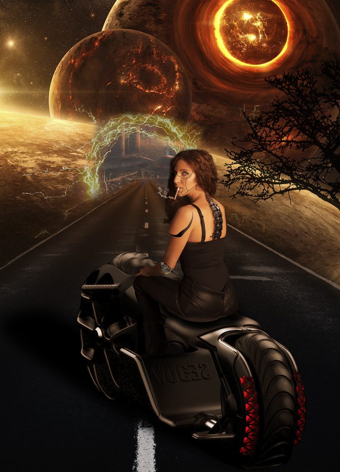 Frau auf futuristischem Motorrad vor einem kosmischen Hintergrund und einer Straße.